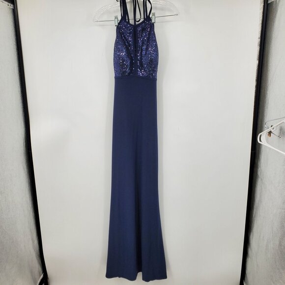 X By Xscape Sequin Top Long Navy Blue Halter Neck Maxi Dress Size 2 - Picture 1 of 9